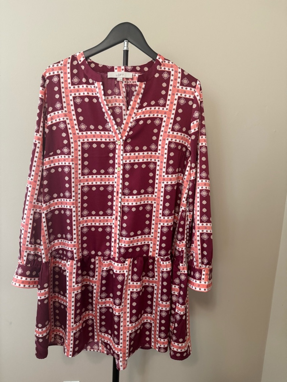 LOFT Burgundy & Pink Geometric Tiered Long-Sleeve Dress
